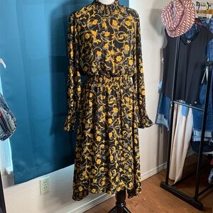 Nanette Lepore black gold floral print hi-lo mock-neck long sleeve smocked dress